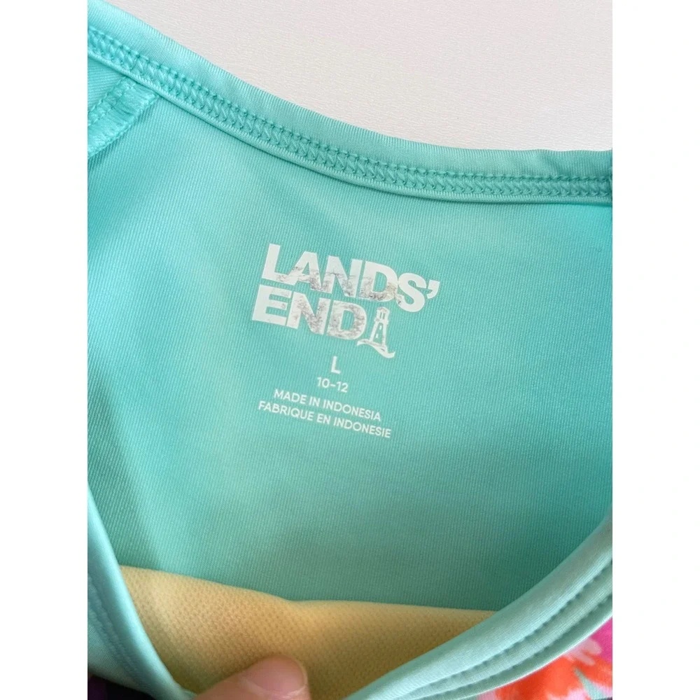 Lands End Kids Tropical Floral Rash Guard Swim Shirt Turquoise L 10-12 Beachwear
